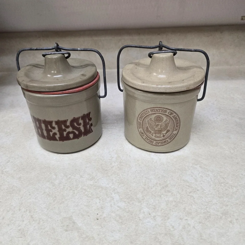 Vintage Stoneware Cheese Crocks Set of 2 Wisconsin Heritage Great Seal USA Tan